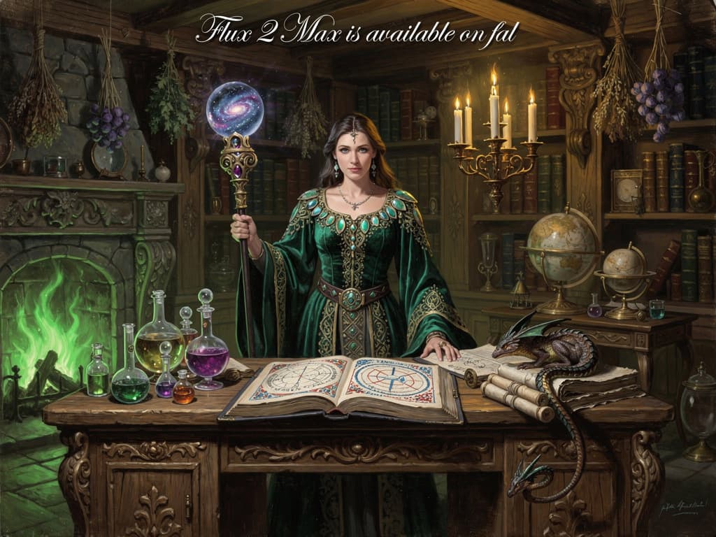 A sorceress at a desk of potions and books, captioned “Flux 2 Max is available on fal”