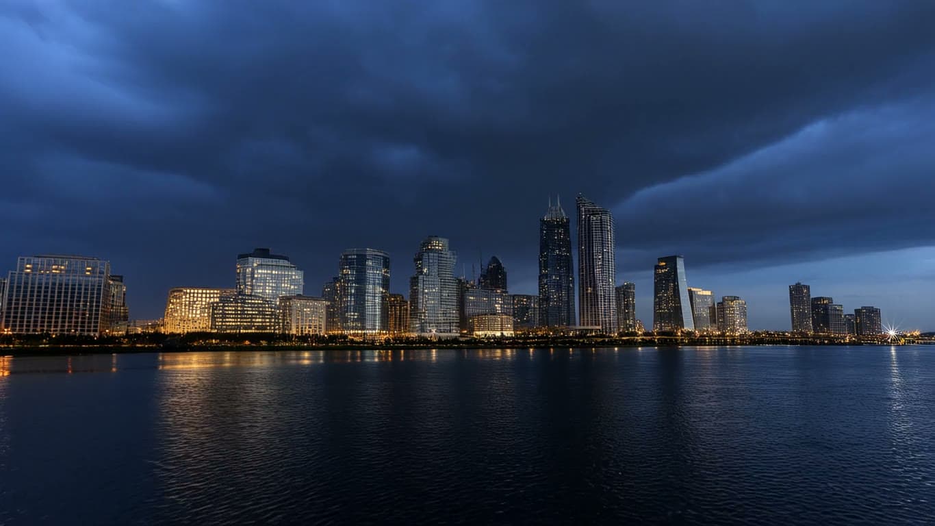 A city skyline lit up across the water under a stormy night sky