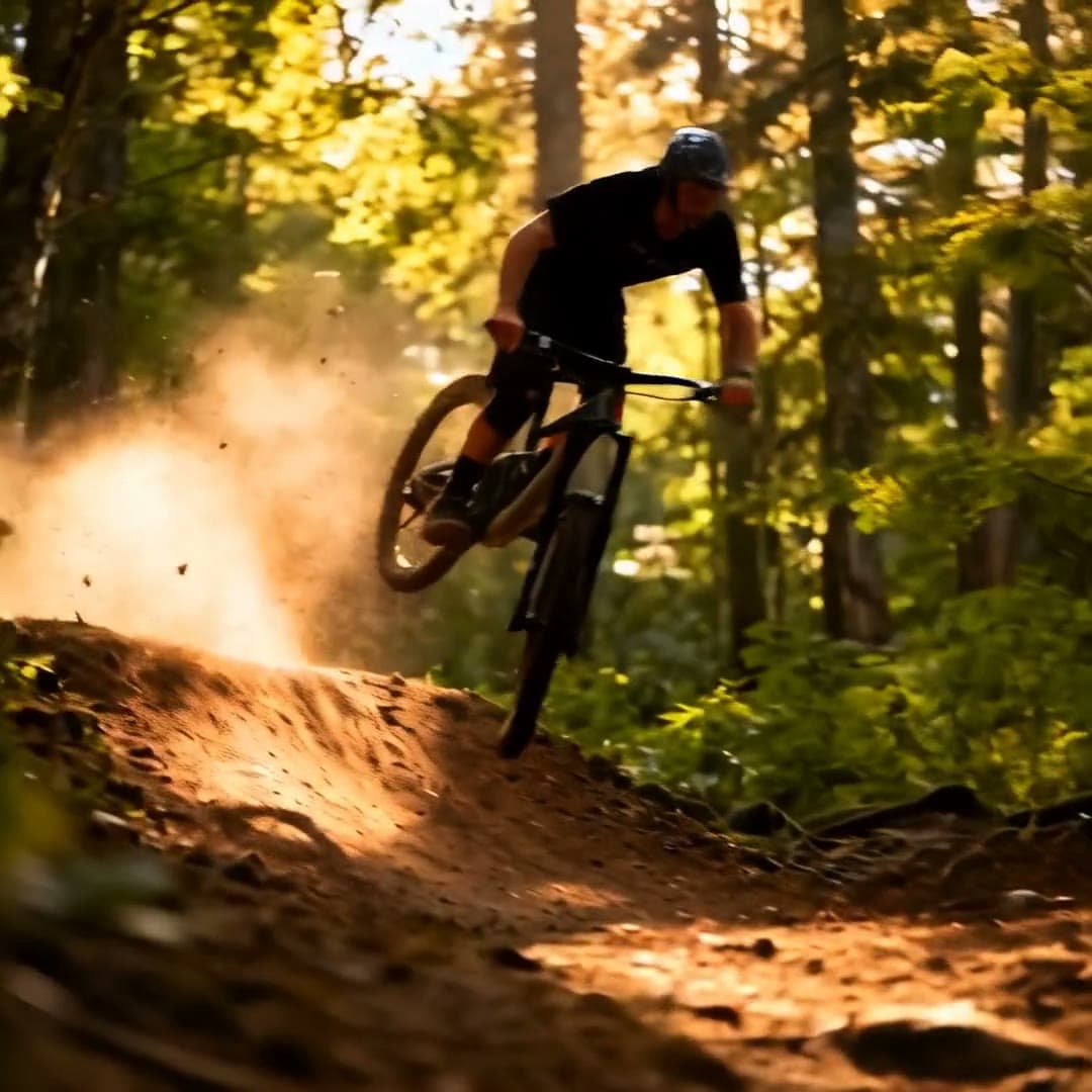 A mountain biker jumping a dusty trail in a sunlit forest