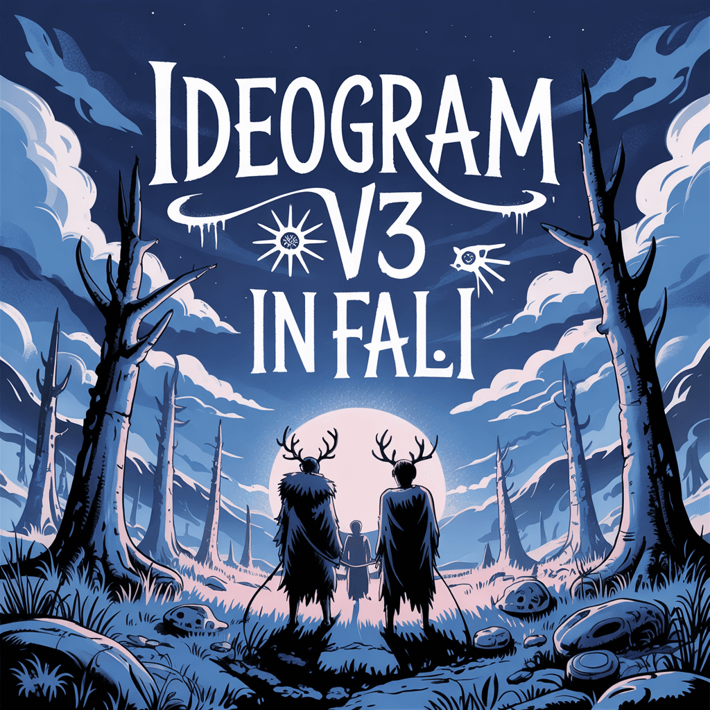 A poster reading “Ideogram V3 in fal!” over two antlered figures in a moonlit forest
