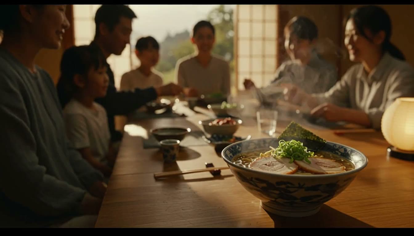 A family sharing bowls of ramen at a long dinner table