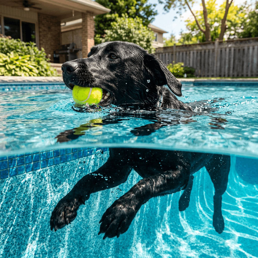 A black dog swimming with a tennis ball, seen half underwater