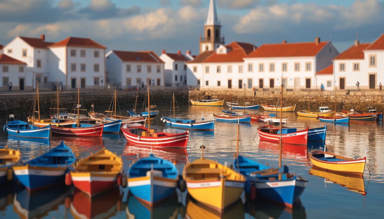 Colorful wooden boats moored below white houses and a church tower