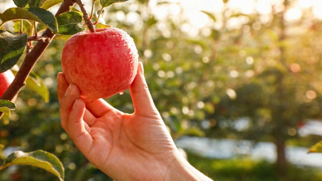 A hand picking a red apple from a tree