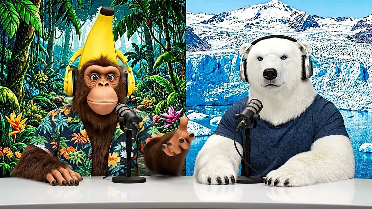 A chimp in a banana hat and a polar bear in headphones hosting a podcast
