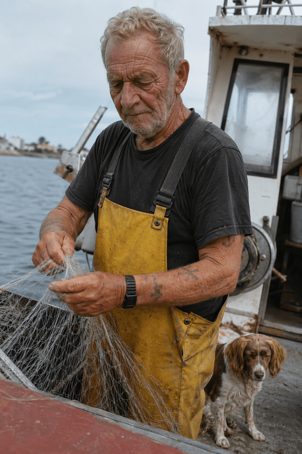 An elderly sailor in yellow overalls mending a net on a fishing boat, his dog beside him
