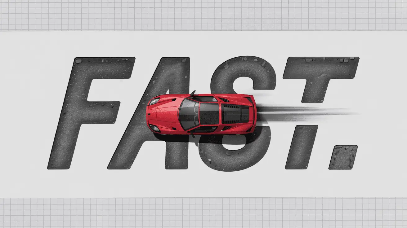 A red sports car seen from above crossing giant asphalt letters reading “FAST.”