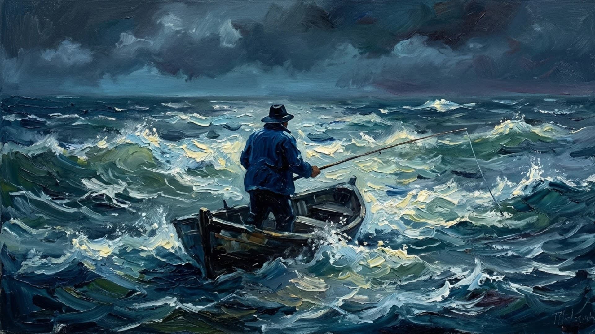 An oil painting of a fisherman in a small boat on a stormy sea